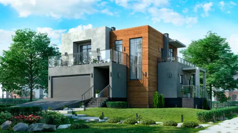 Передний фасад منزل من طابقين مع كراج لسيارتين 186,50 م². مشروع БЭНПАН-274.
